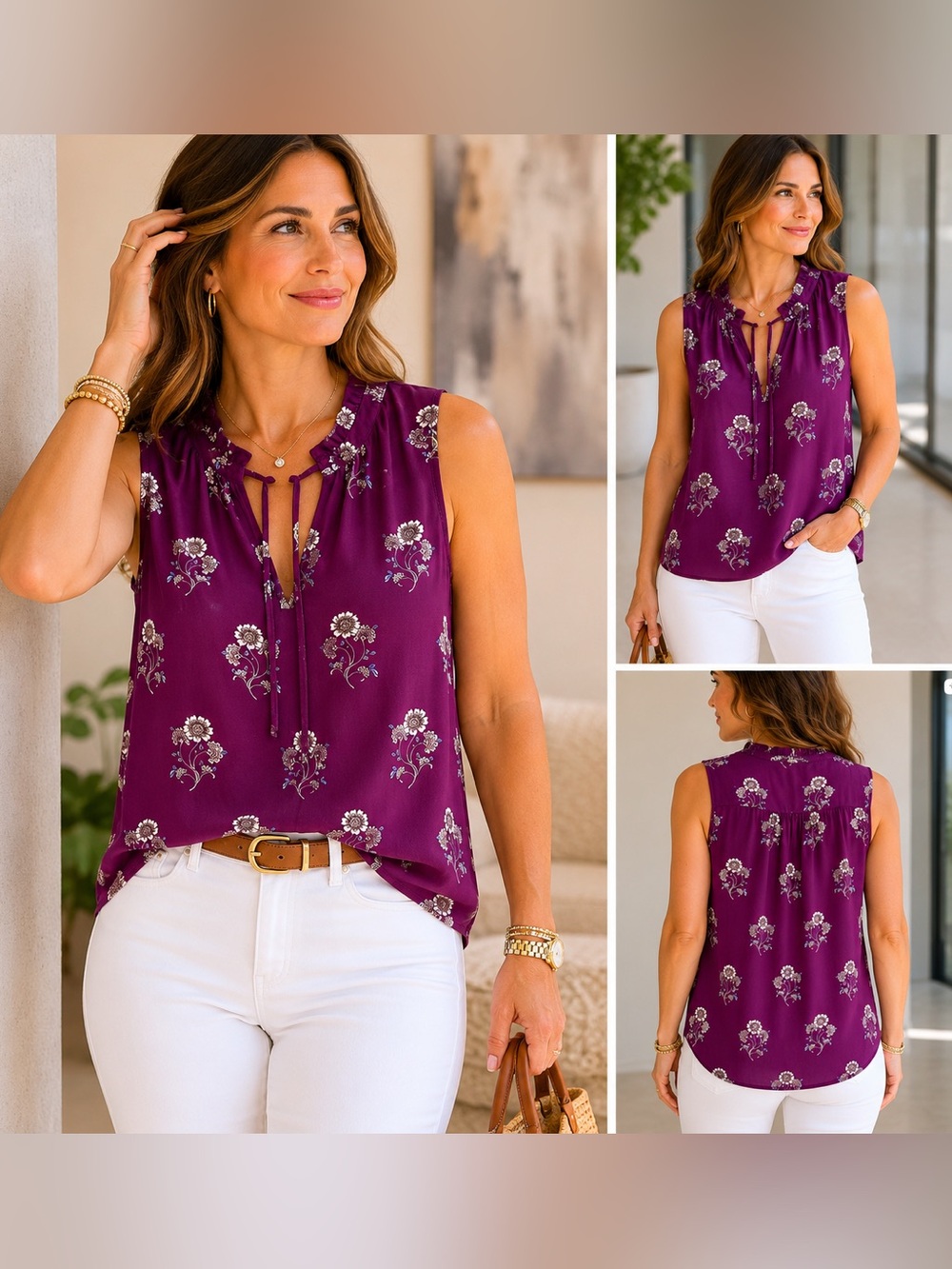 LOFT Purple Floral Sleeveless Blouse Tie Neck Top Medium